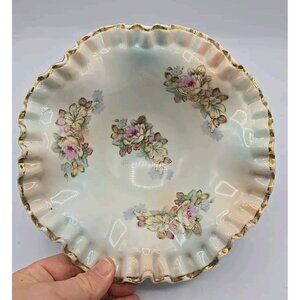 Arnart Japan Hand Painted Ruffle Porcelain Footed Bowl Floral Gold Accents 8"edg